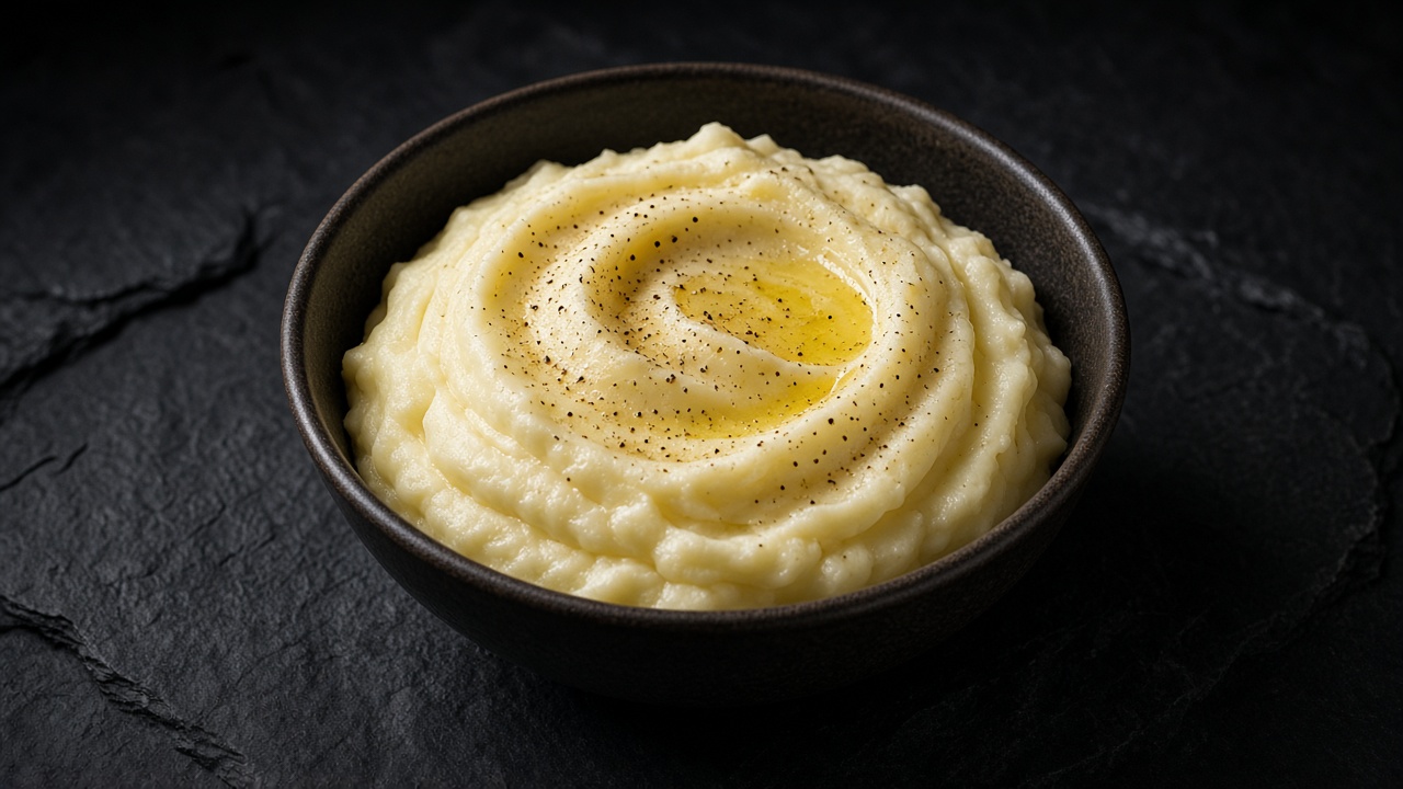 A black bowl of smooth, creamy mashed potatoes with a swirl of melted butter on dark slate.
