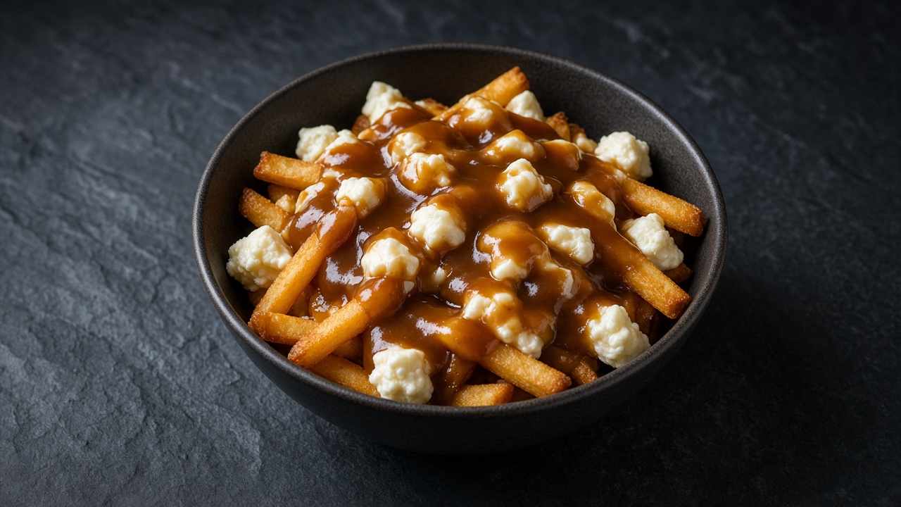 A black bowl of fries topped with cheese curds and brown gravy on dark slate.