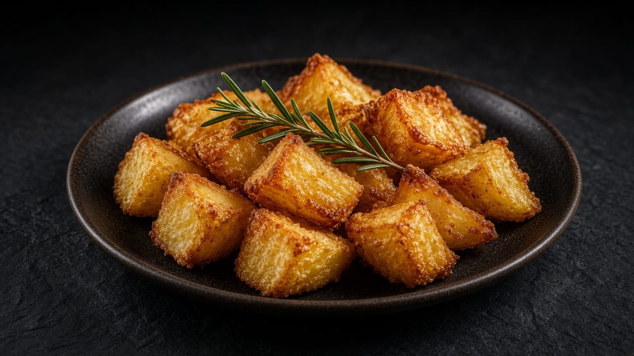 A black bowl of deep golden, crunchy roast potatoes on dark slate.