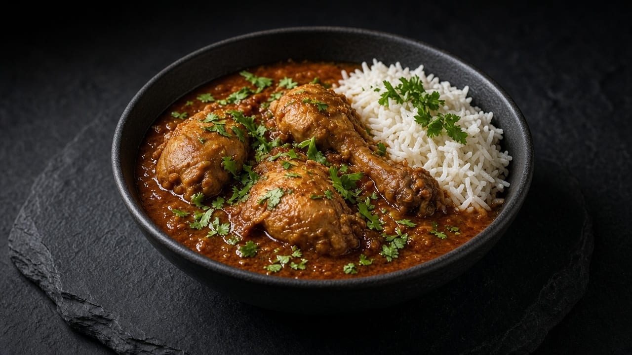 A bowl of chicken curry in a rich red-brown sauce scattered with coriander, with white rice on the side.