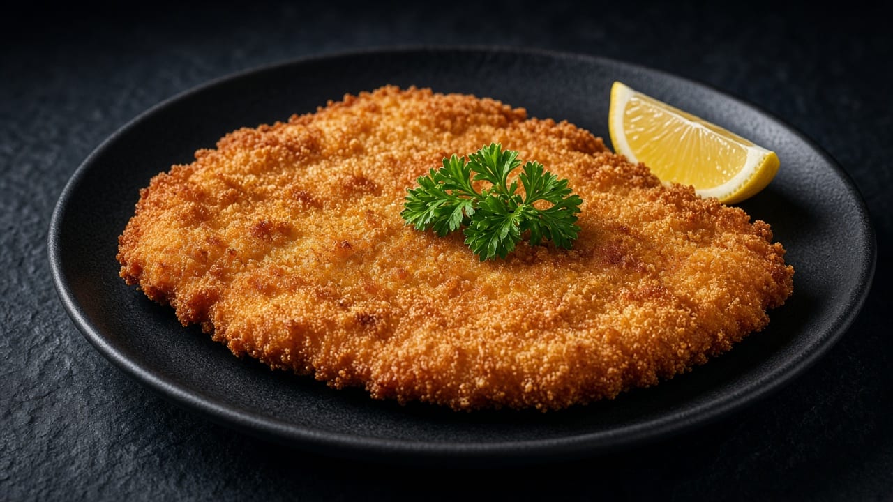 A large, golden breaded chicken schnitzel on a dark plate with a lemon wedge and a sprig of parsley.