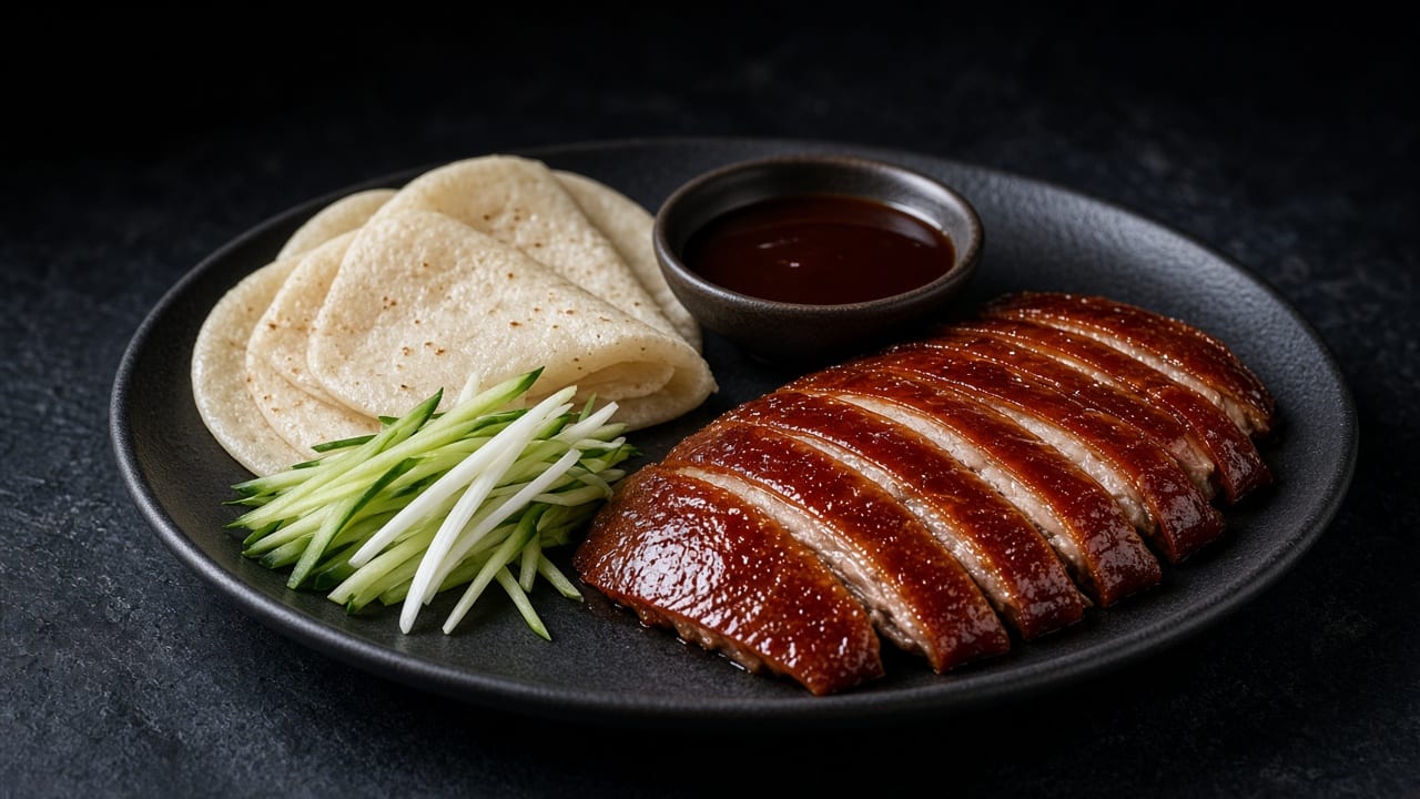 Thin slices of glossy, mahogany-skinned roast duck arranged beside soft pancakes, hoisin sauce, cucumber batons and spring onion strips.