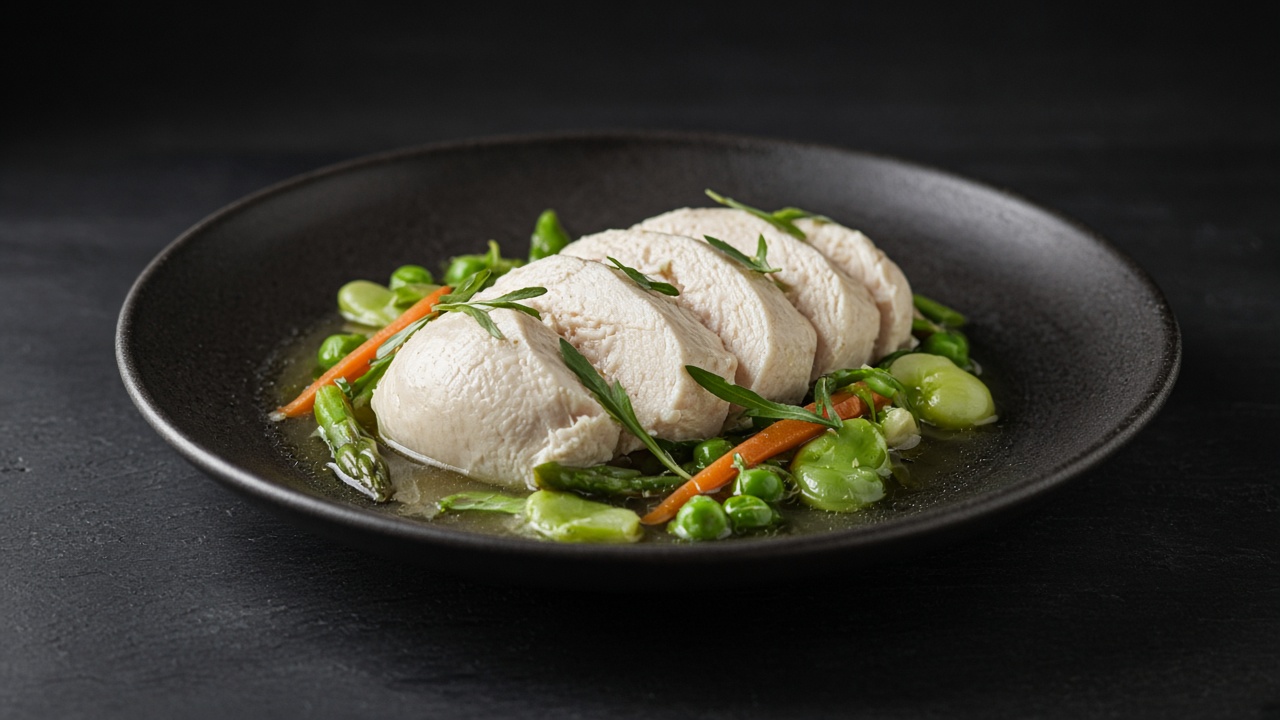 Slices of pale, moist poached chicken breast on a dark plate with bright green vegetables.