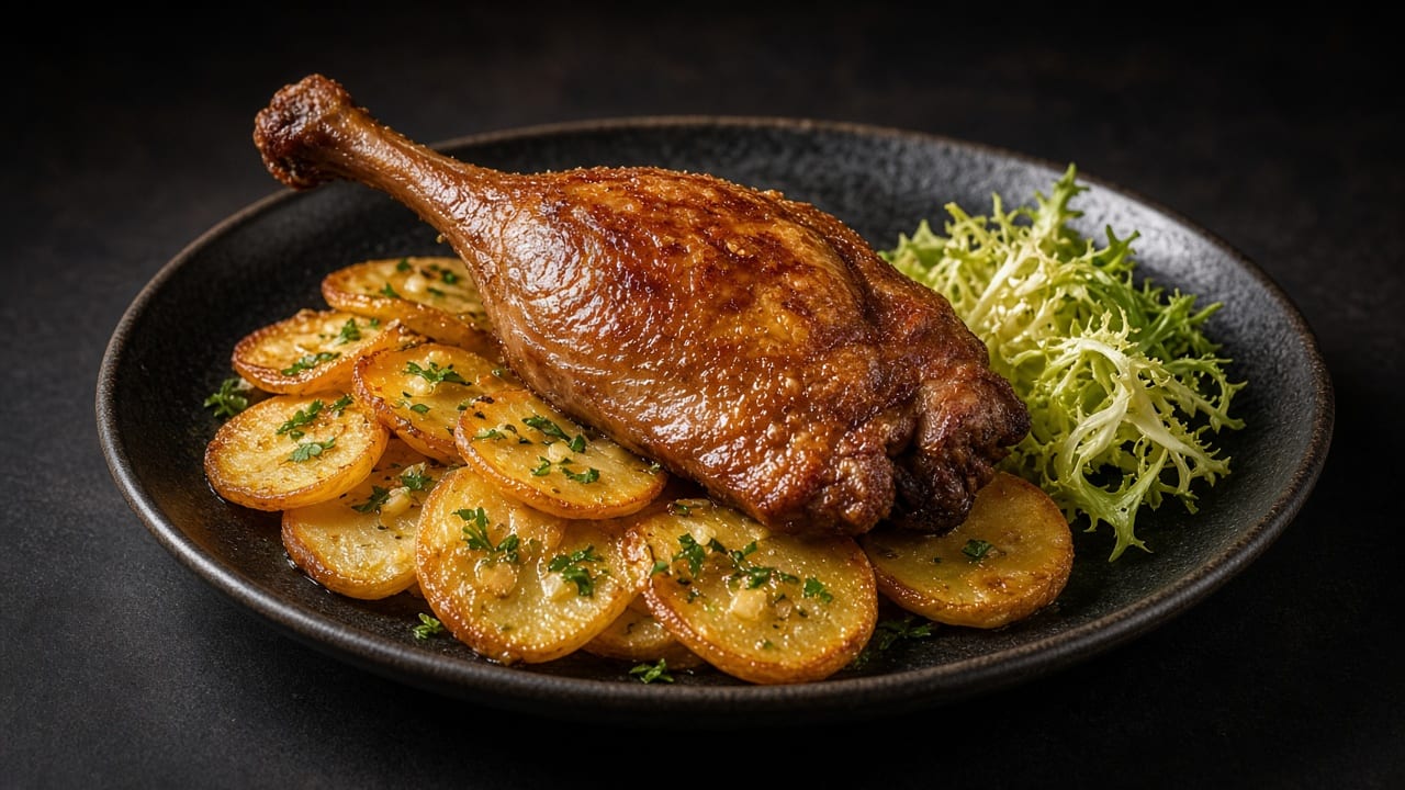 Crisp golden duck leg on sliced fried potatoes with a frisée salad.