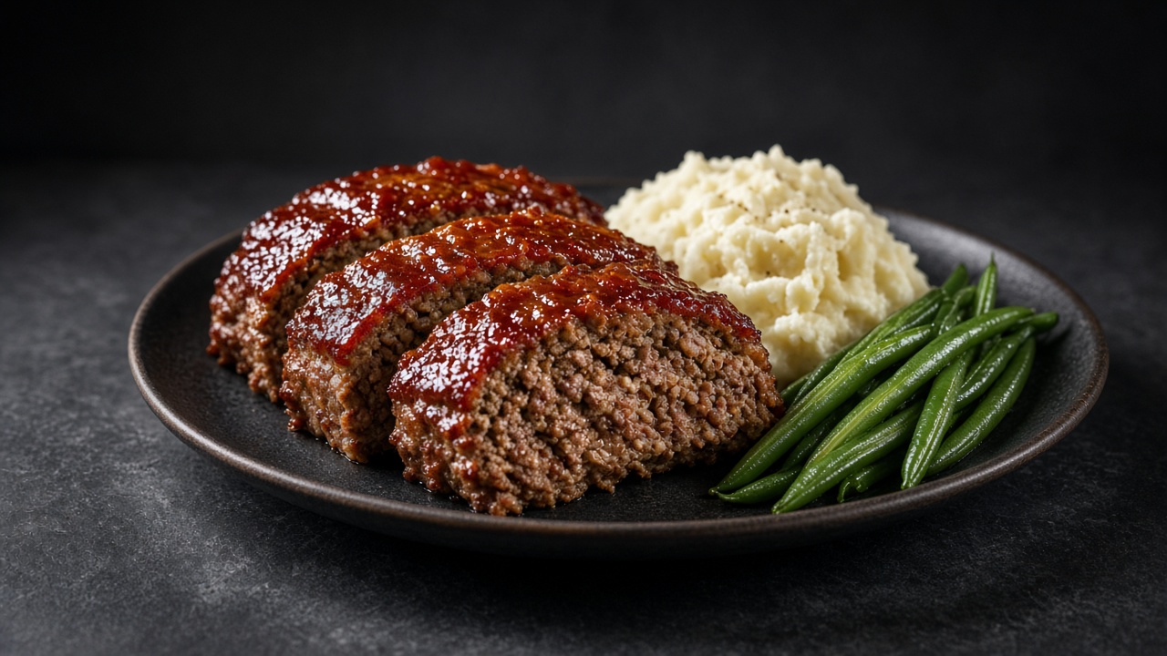 Slices of meatloaf with a red tomato top, served with mashed potatoes and green beans.
