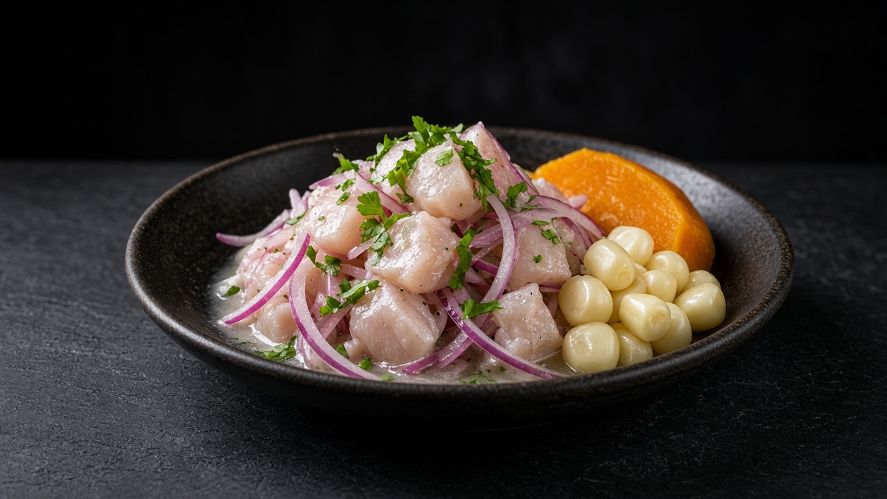 Peruvian ceviche of white fish cubes with red onion and coriander, served with a slice of sweet potato and large-kernel corn.