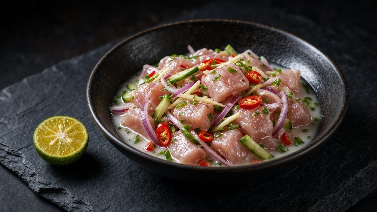 Kinilaw of raw tuna cubes in vinegar with red onion, cucumber, ginger strips, red chilli and a lime half.