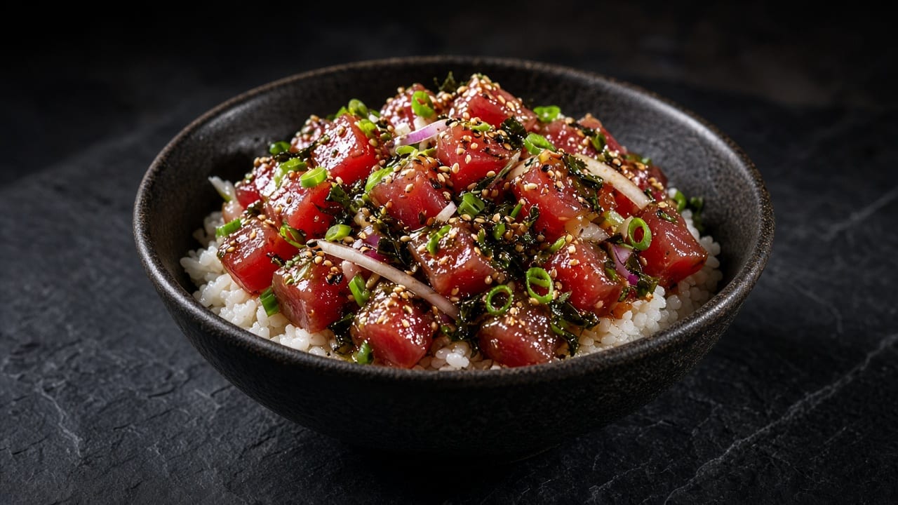 A dark bowl of tuna poke cubes with red onion, spring onion, sesame seeds and nori strips over white rice.