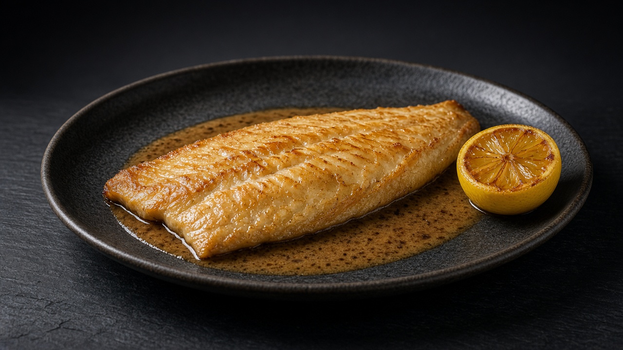A golden pan-fried sole fillet in foaming brown butter with parsley and a charred lemon half.