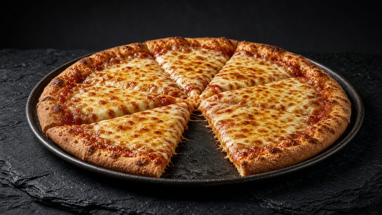 A large thin-crust cheese pizza cut into wide slices, one slice pulled slightly apart.