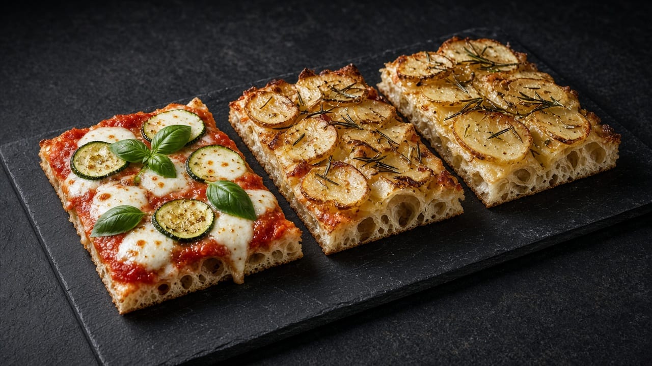 Rectangles of sheet-pan pizza with tomato, mozzarella and basil beside slices topped with golden potato.
