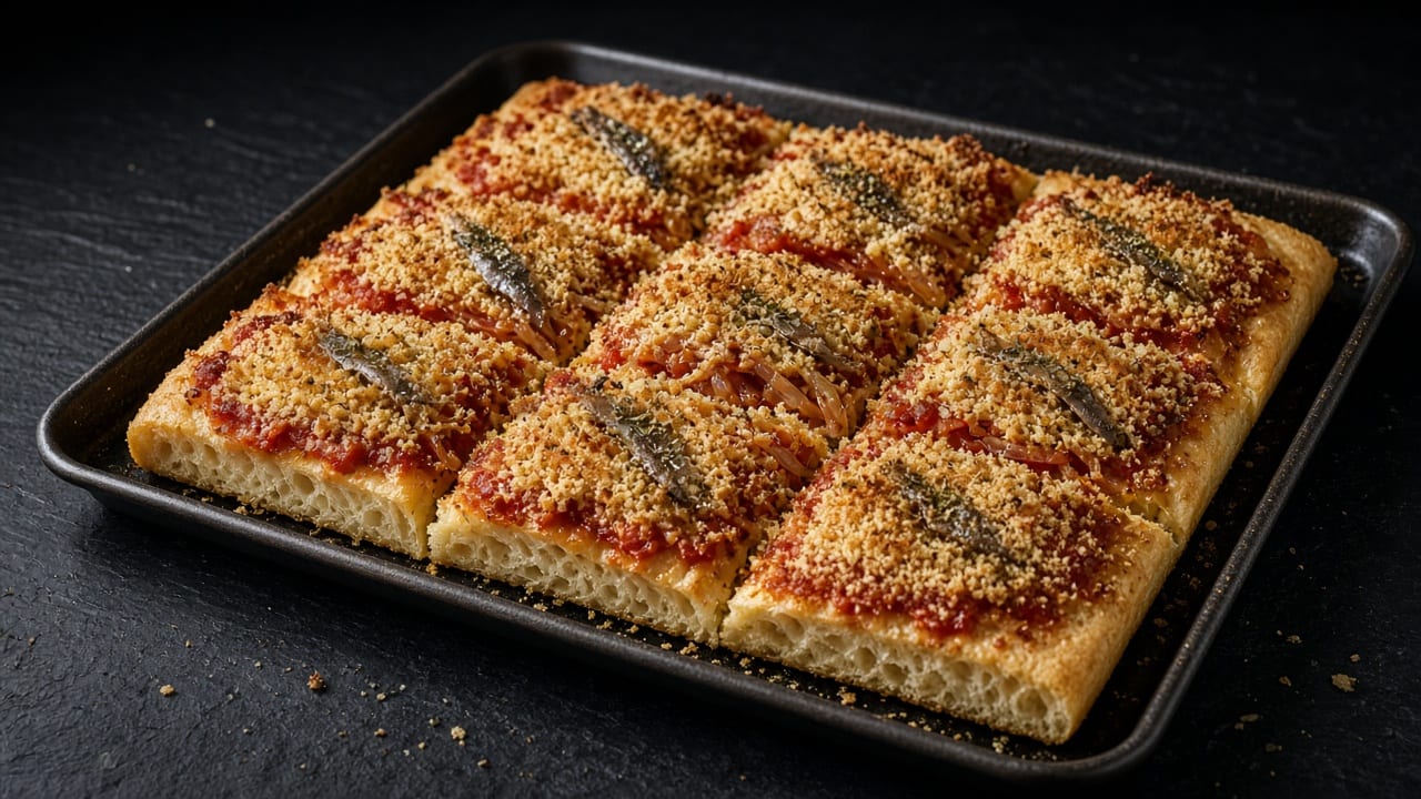 A thick square pan pizza topped with golden crumbs over tomato, cut into squares in the tray.