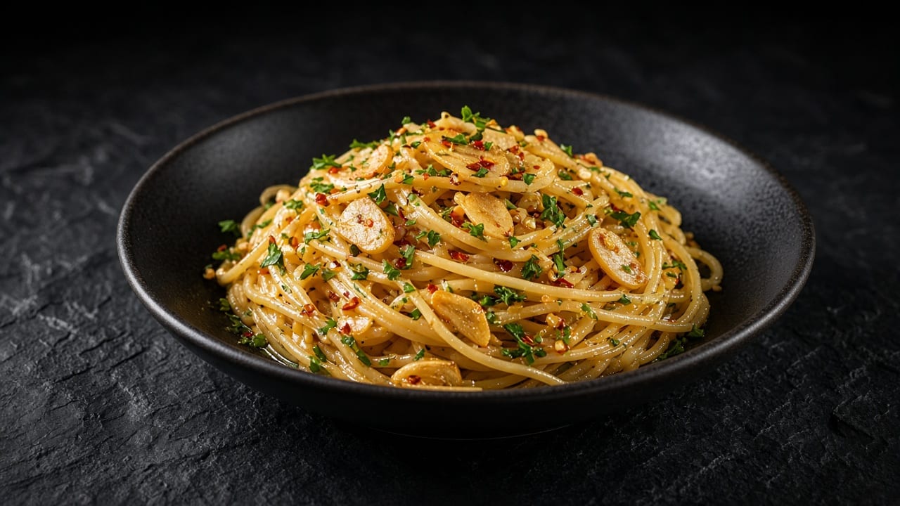 Spaghetti glossy with olive oil, golden garlic slices, chilli and chopped parsley in a black bowl on dark slate.