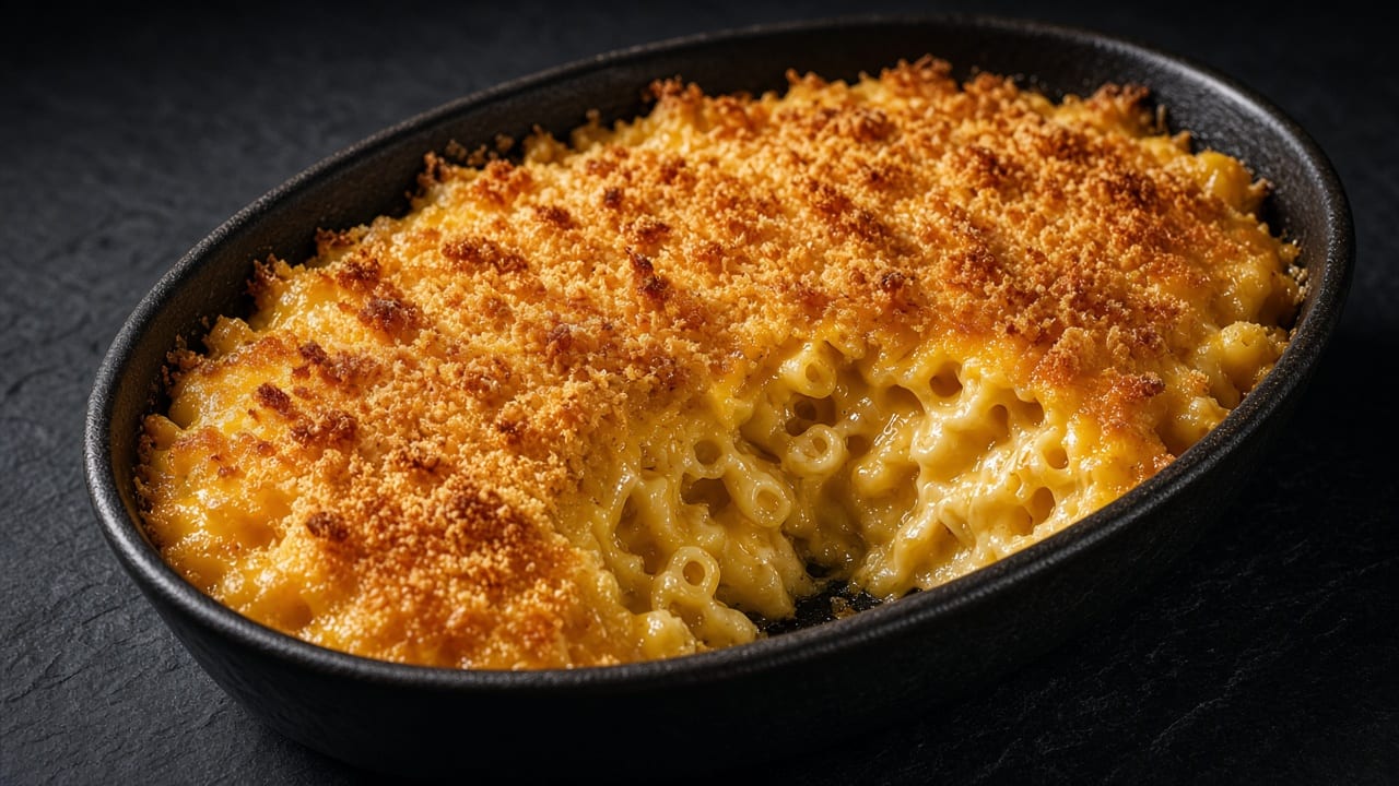 Baked macaroni cheese with a golden, crunchy crumb top in a black oval dish on dark slate.