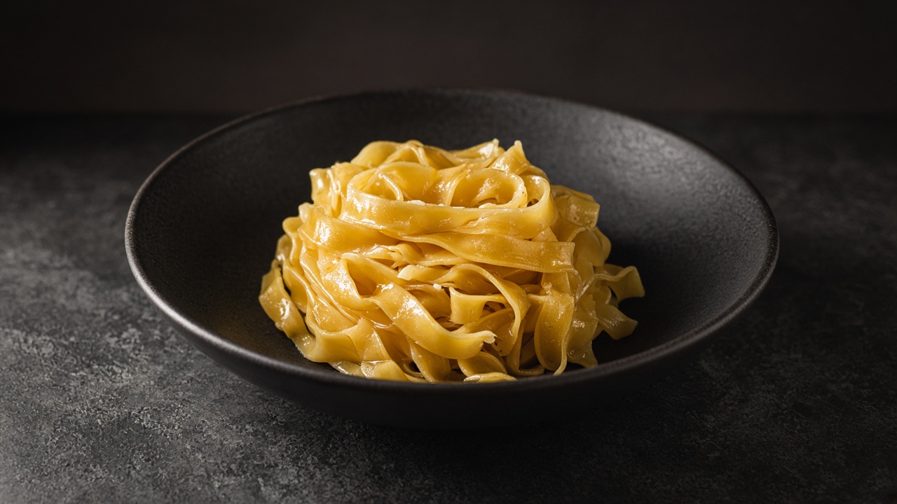 A loose nest of golden fresh egg tagliatelle in a black bowl on dark slate.