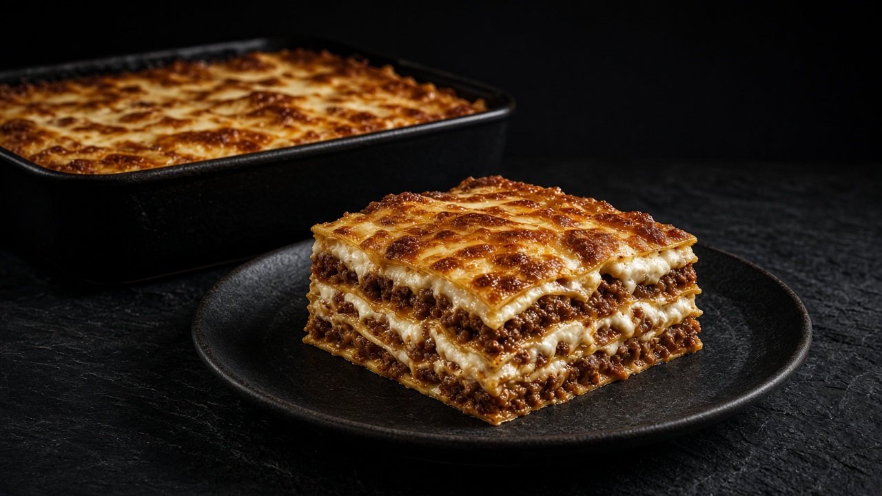 A neat slice of beef lasagne with a golden, bubbling top on a black plate, the baking dish behind it.