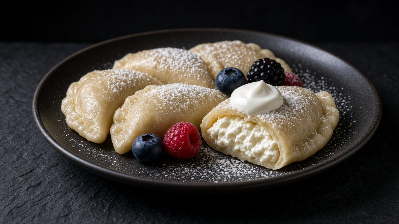 Soft white half-moon dumplings dusted with icing sugar, one cut open to show a sweet cheese filling, with sour cream, raspberries and blueberries.