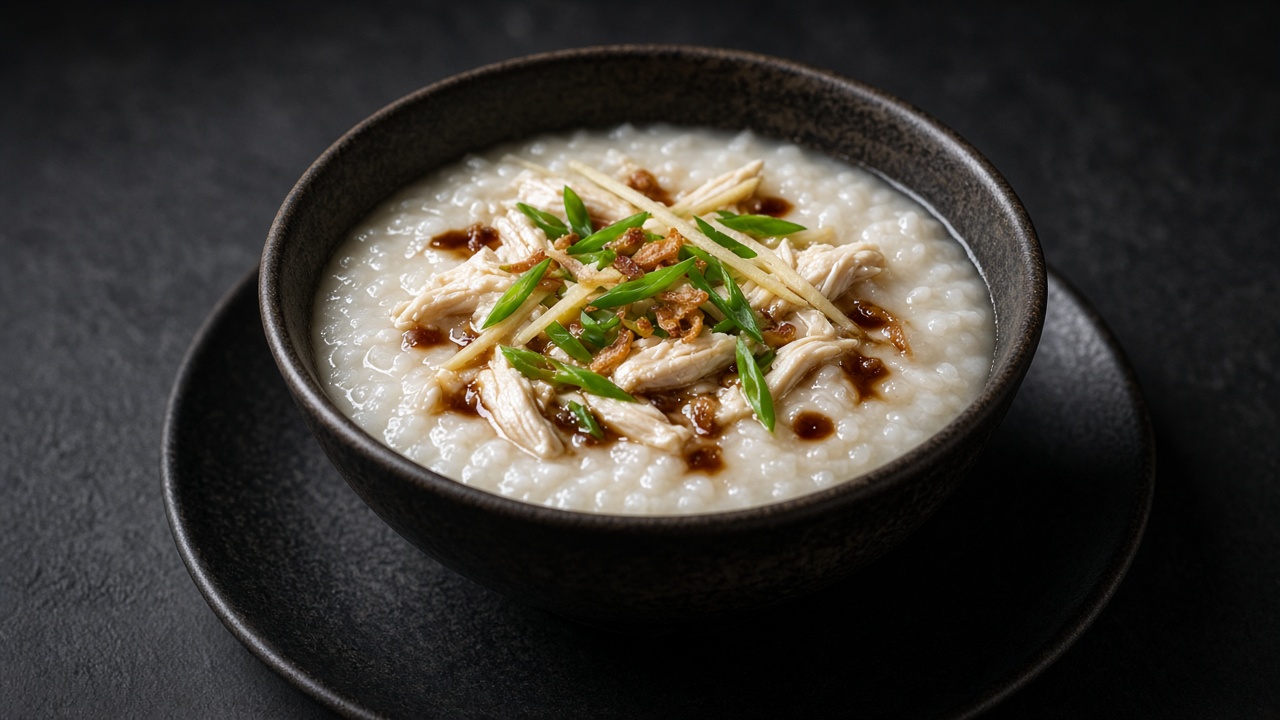 A bowl of smooth white rice congee topped with sliced spring onions, crispy shallots and drops of soy sauce.