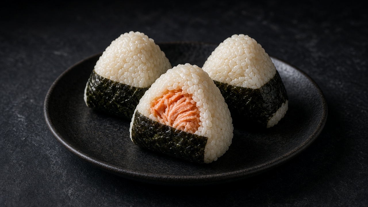 Triangles of white rice filled with flaked salmon, each wrapped at the base with a strip of nori.