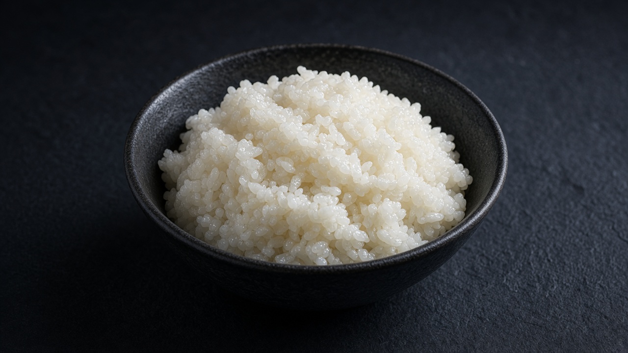 A dark bowl heaped with glossy white seasoned short-grain sushi rice.