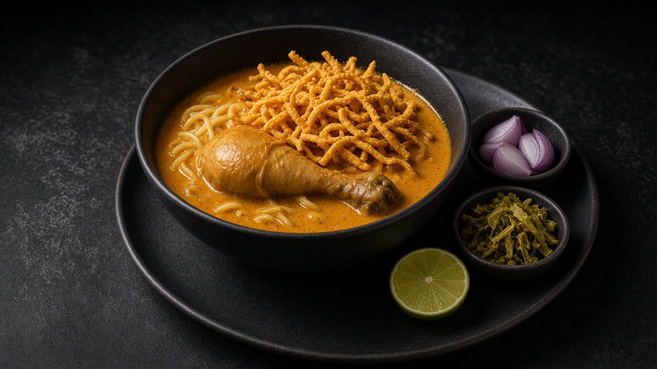 A bowl of golden coconut curry with noodles, a braised chicken leg, crispy noodle strands and a lime wedge on top.