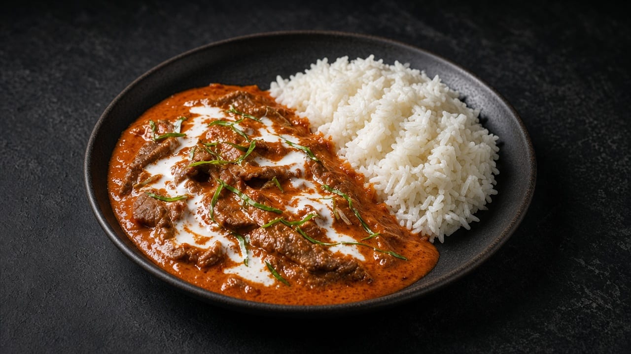 A plate of thick orange-red panang chicken curry drizzled with coconut cream, beside a mound of white jasmine rice.