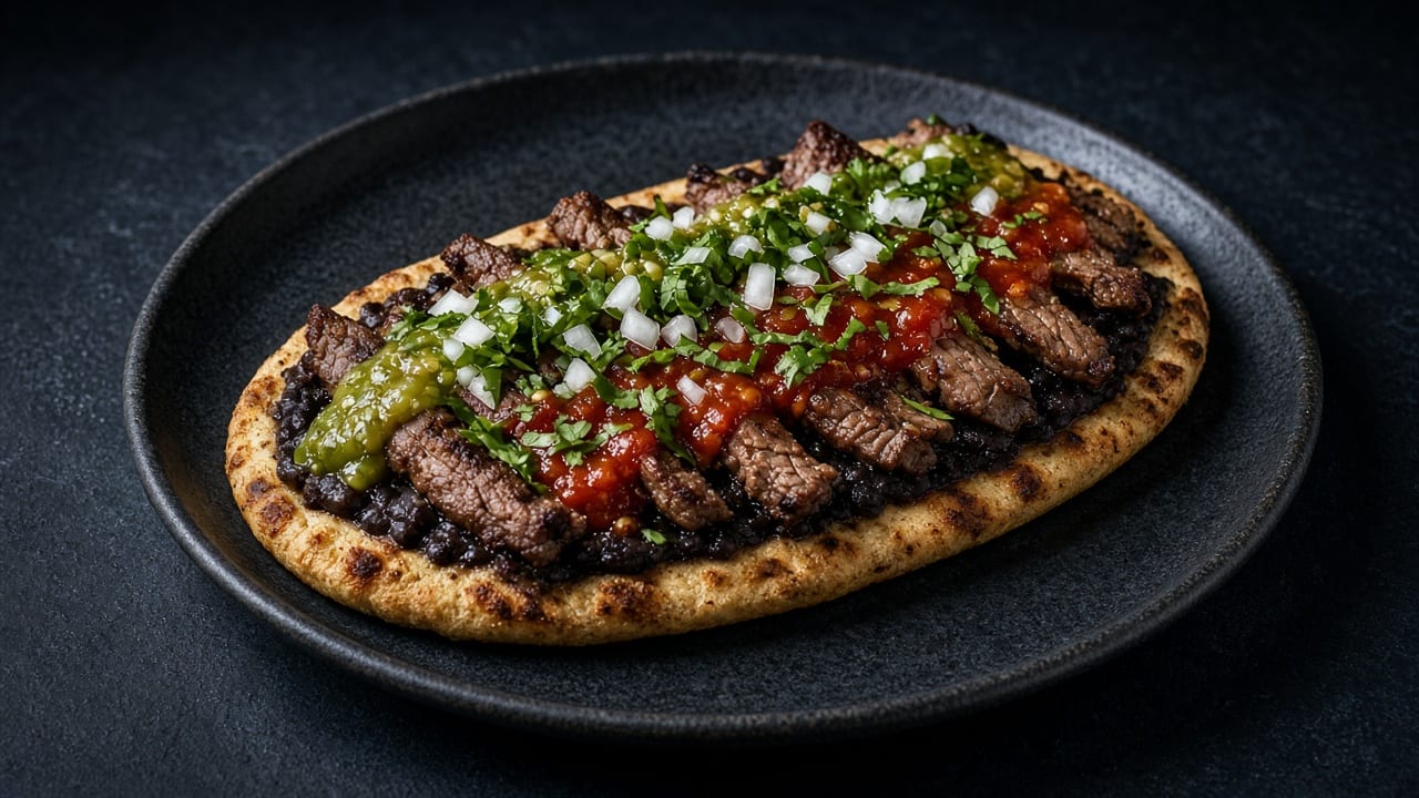 An oval griddled corn flatbread on a dark plate topped with black beans, strips of seared steak, green salsa, diced tomato, chopped onion and coriander.