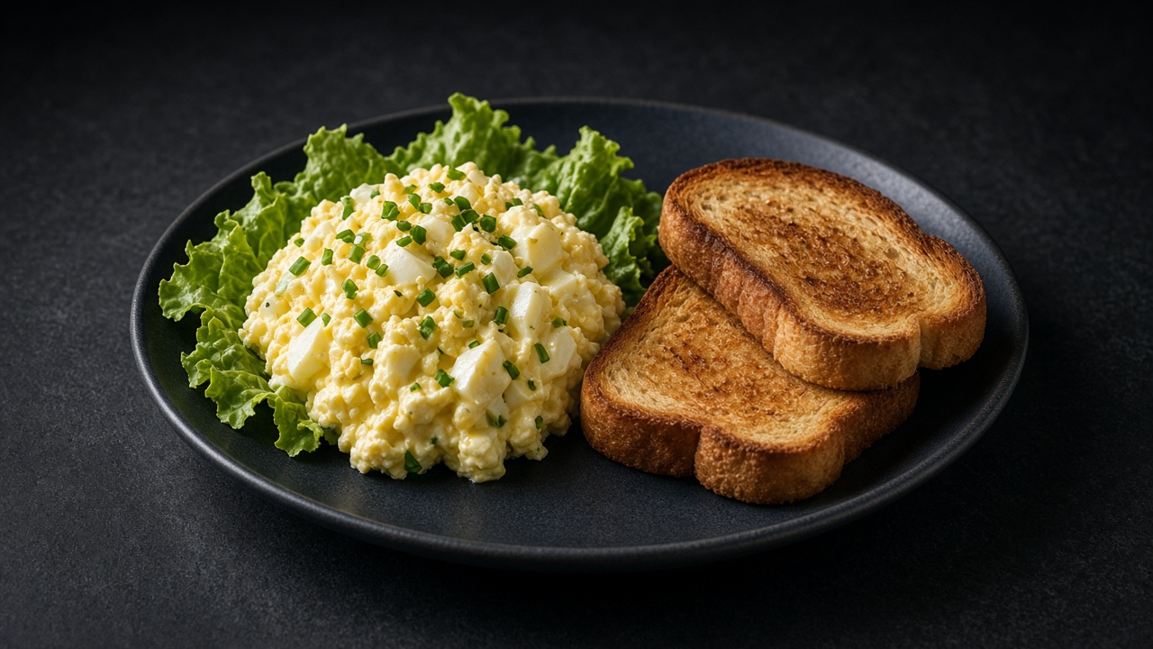 A mound of creamy chopped egg salad flecked with herbs on lettuce leaves, with two slices of golden toast on a dark plate.