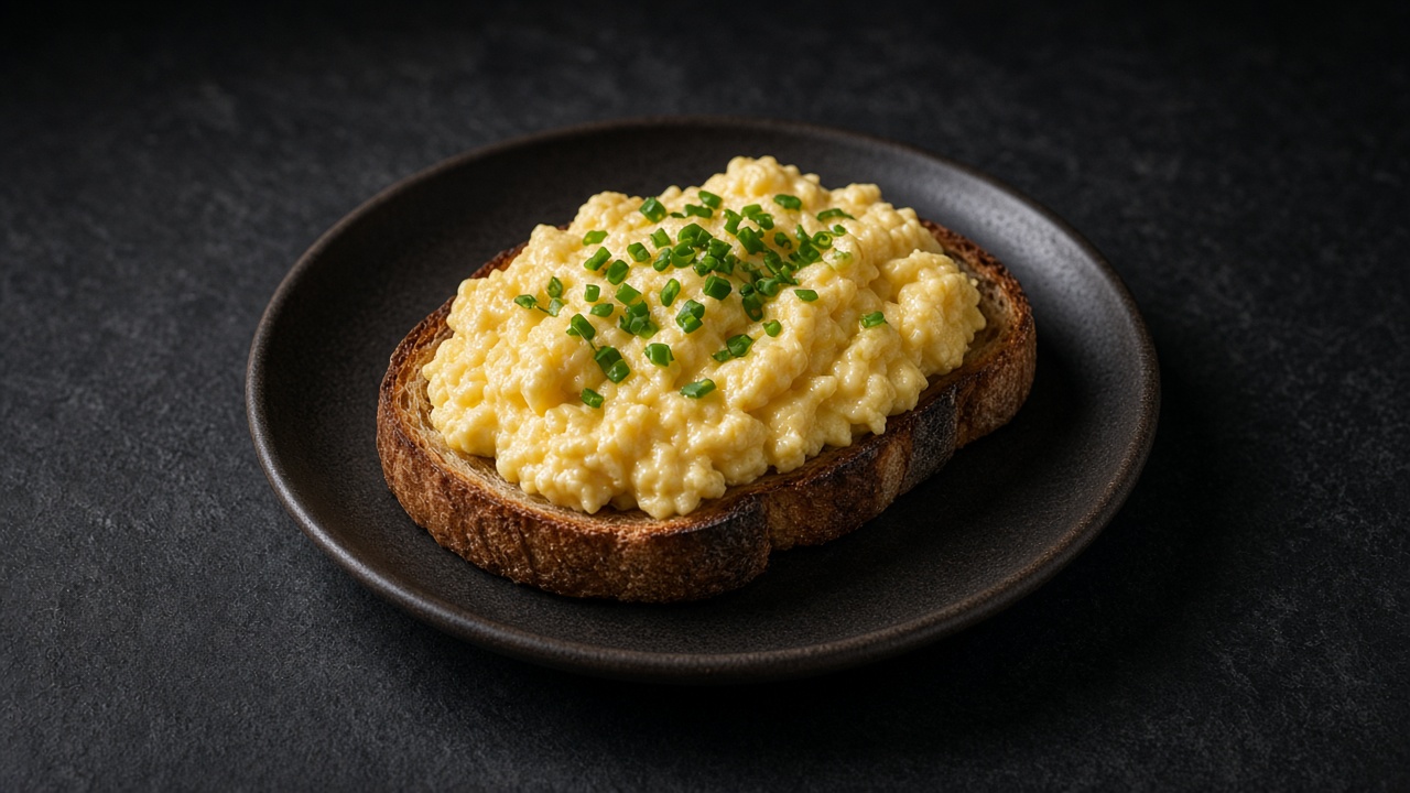 Soft yellow scrambled eggs piled on a thick slice of toast on a dark plate, scattered with snipped chives.