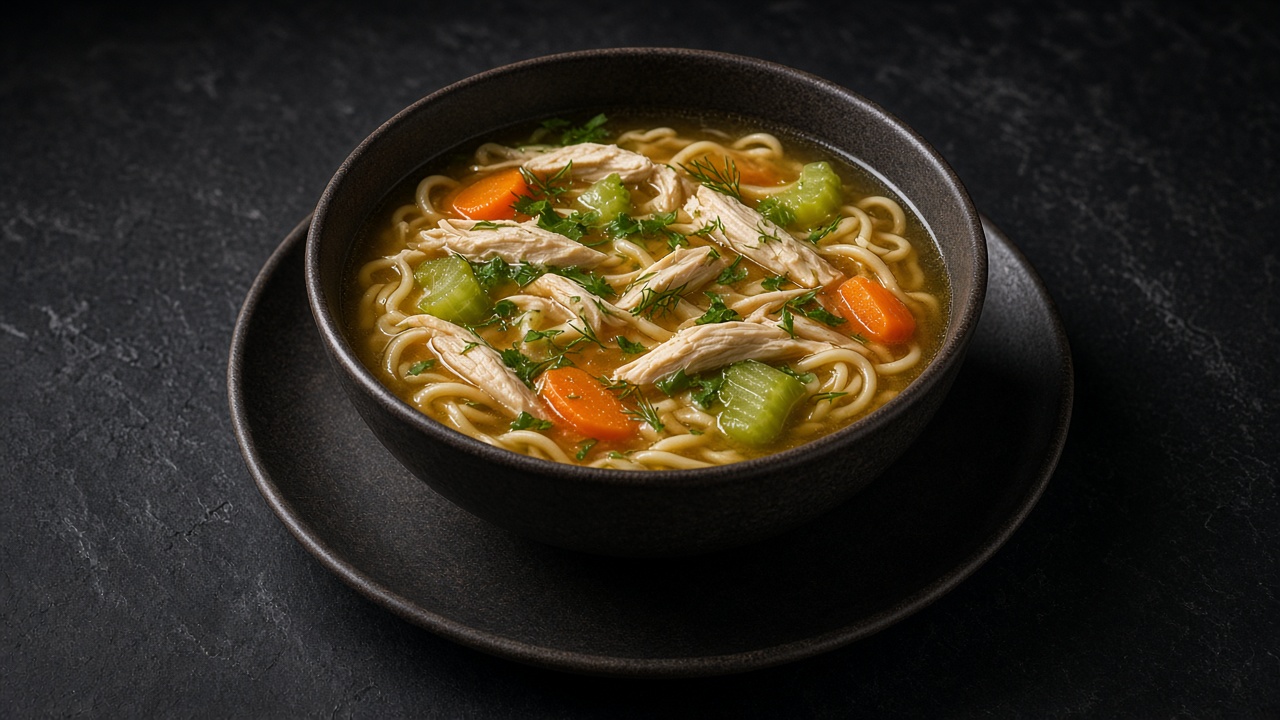 A dark bowl of chicken noodle soup with shredded chicken, carrot and celery in a clear golden broth.
