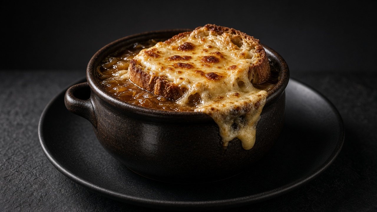 A dark ovenproof bowl of onion soup topped with a thick slice of toast covered in melted, browned Gruyère that drips over the rim.