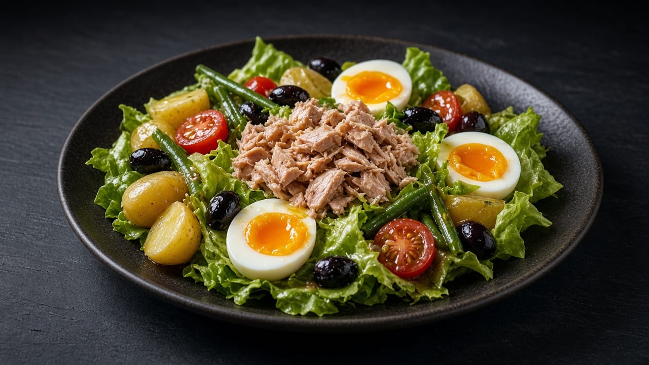 A platter of lettuce with flaked tuna, halved eggs, new potatoes, tomatoes, green beans and black olives.
