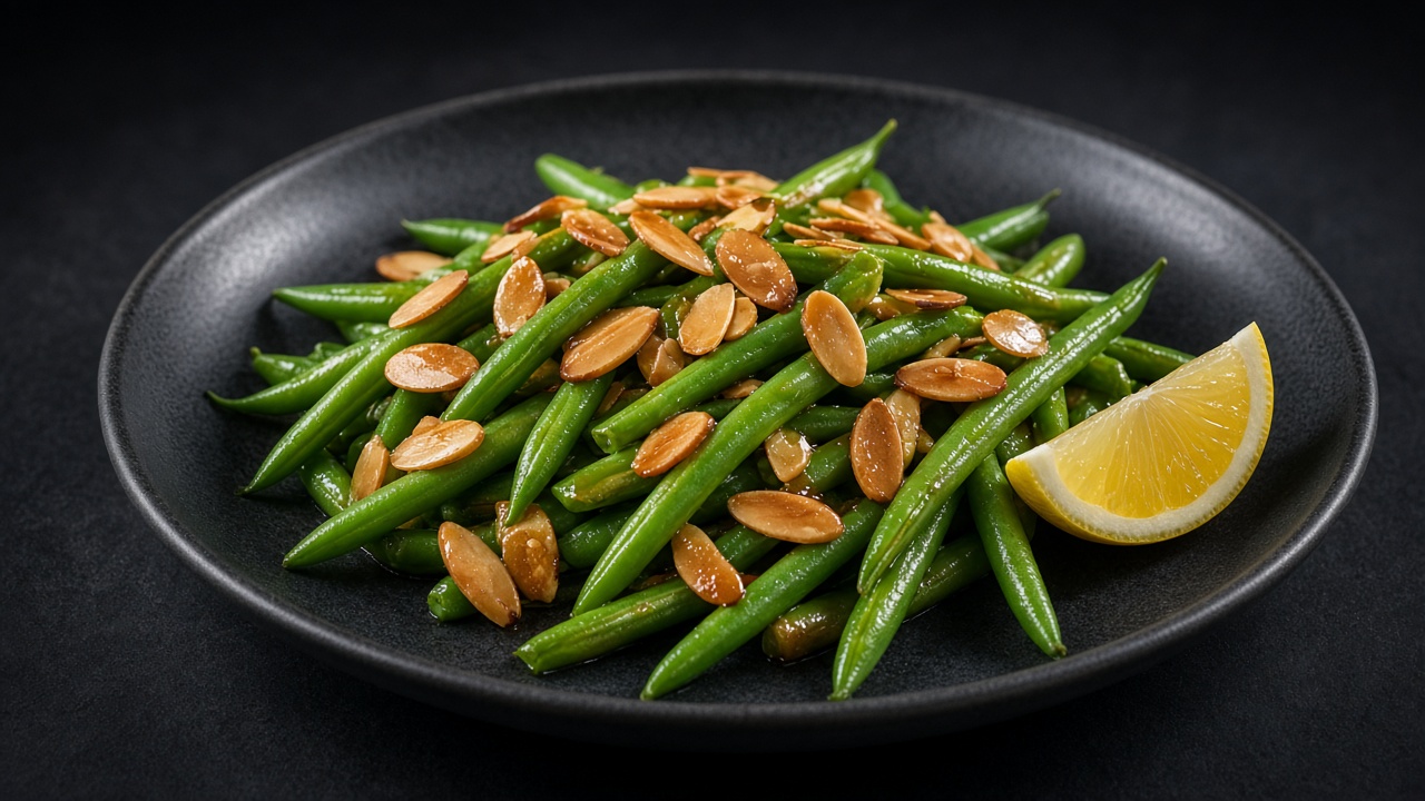 Green beans tossed with toasted sliced almonds, with a lemon wedge.