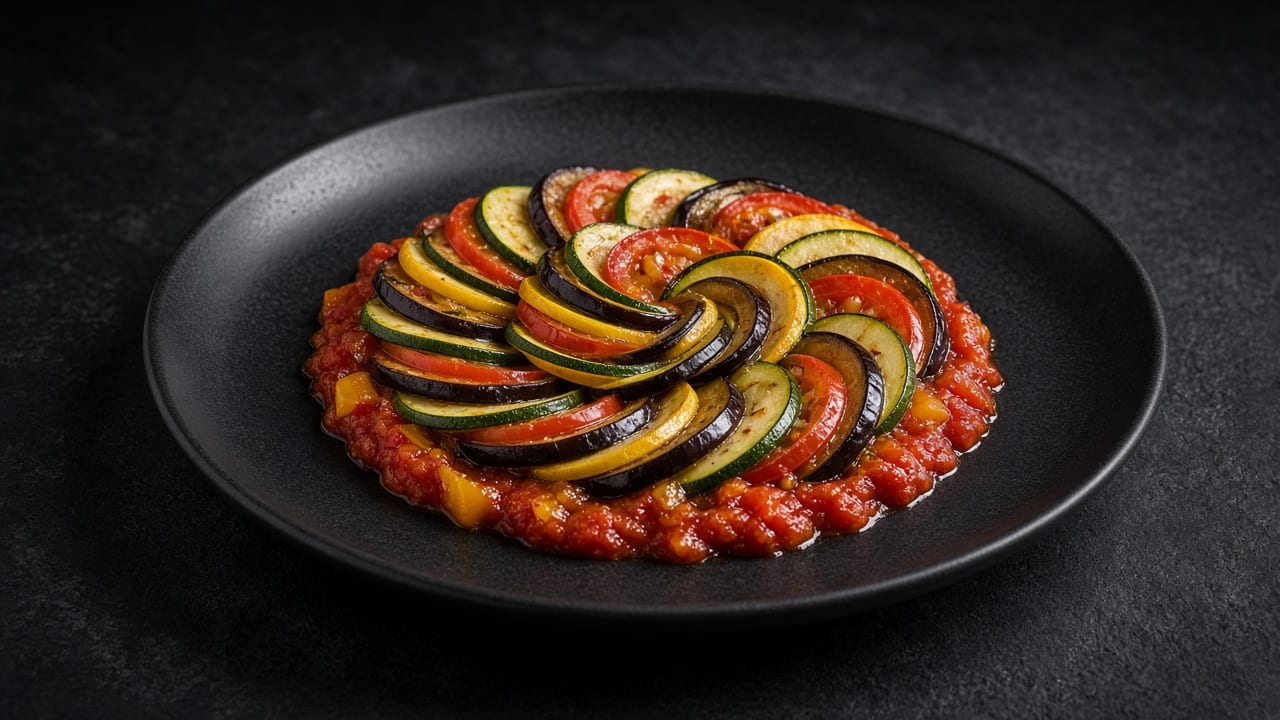 A spiral of thinly sliced courgette, aubergine and tomato baked over a rich pepper piperade, cut into wedges and drizzled with herb dressing.
