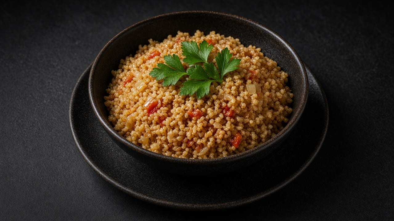 A pan of fluffy bulgur pilaf studded with browned mushrooms and flecked with chopped parsley.