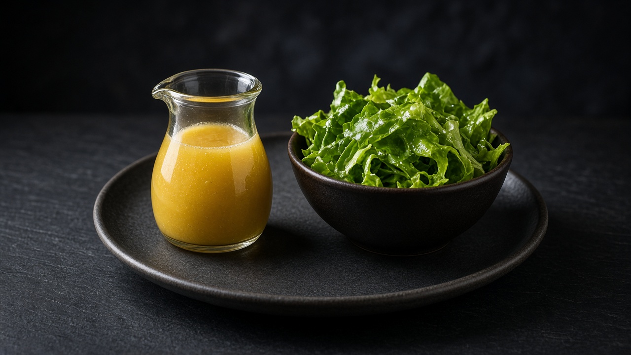 A small glass jug of creamy golden vinaigrette beside a bowl of crisp green salad leaves.
