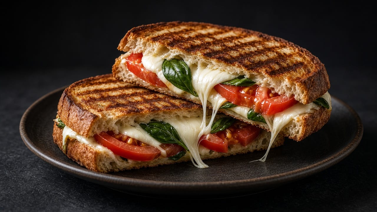 A golden pressed panini cut in half, showing melted mozzarella, tomato and basil, with salad leaves.