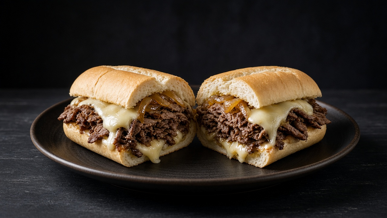 A long roll stuffed with shaved beef, onions and melted white cheese.