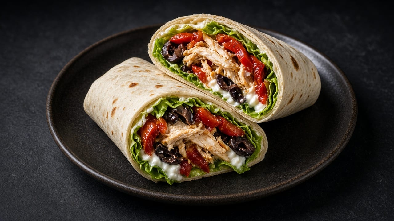 Chicken wraps cut in half, filled with shredded chicken, red pepper, greens and black olives.