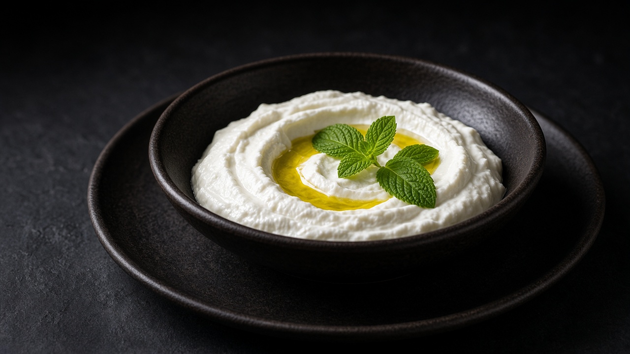 A bowl of thick white labneh swirled with a pool of olive oil and topped with fresh mint leaves.