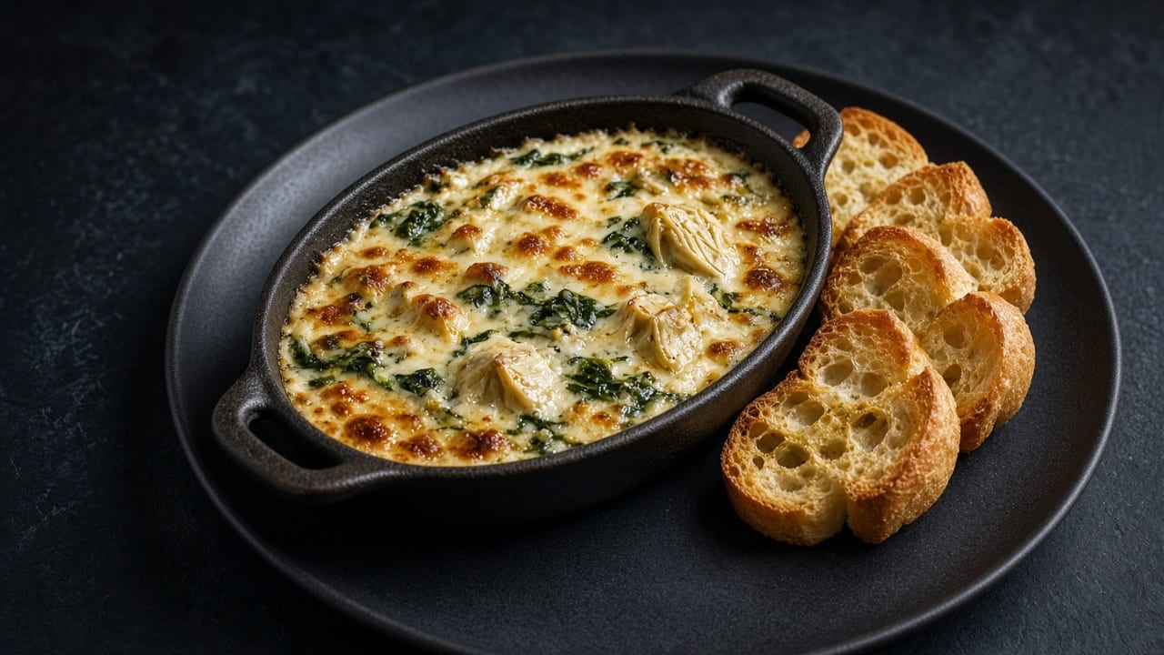 A golden, bubbling spinach and artichoke dip in a baking dish with toasted bread.