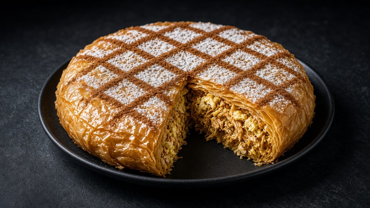 A round golden filo chicken pastilla dusted with icing sugar and a cinnamon lattice, a wedge cut to show the shredded chicken filling.