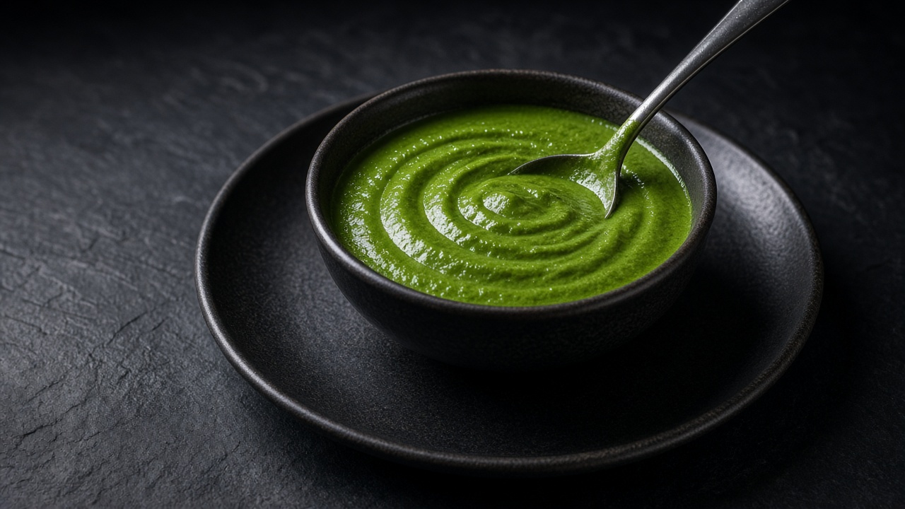 A dark bowl of smooth bright green mint and coriander chutney swirled with a spoon on a dark plate.