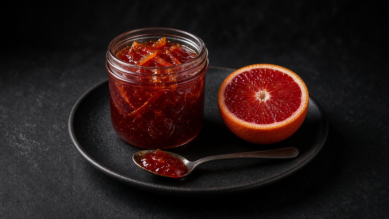 A jar of deep red blood orange marmalade with thin peel strips, a halved blood orange and a spoonful on a dark plate.