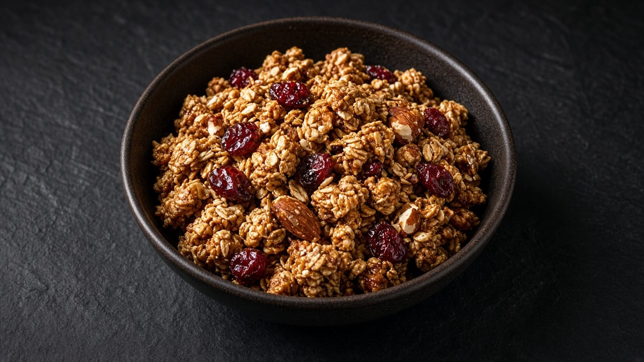 A dark bowl of clustered golden granola with nuts and dried fruit.