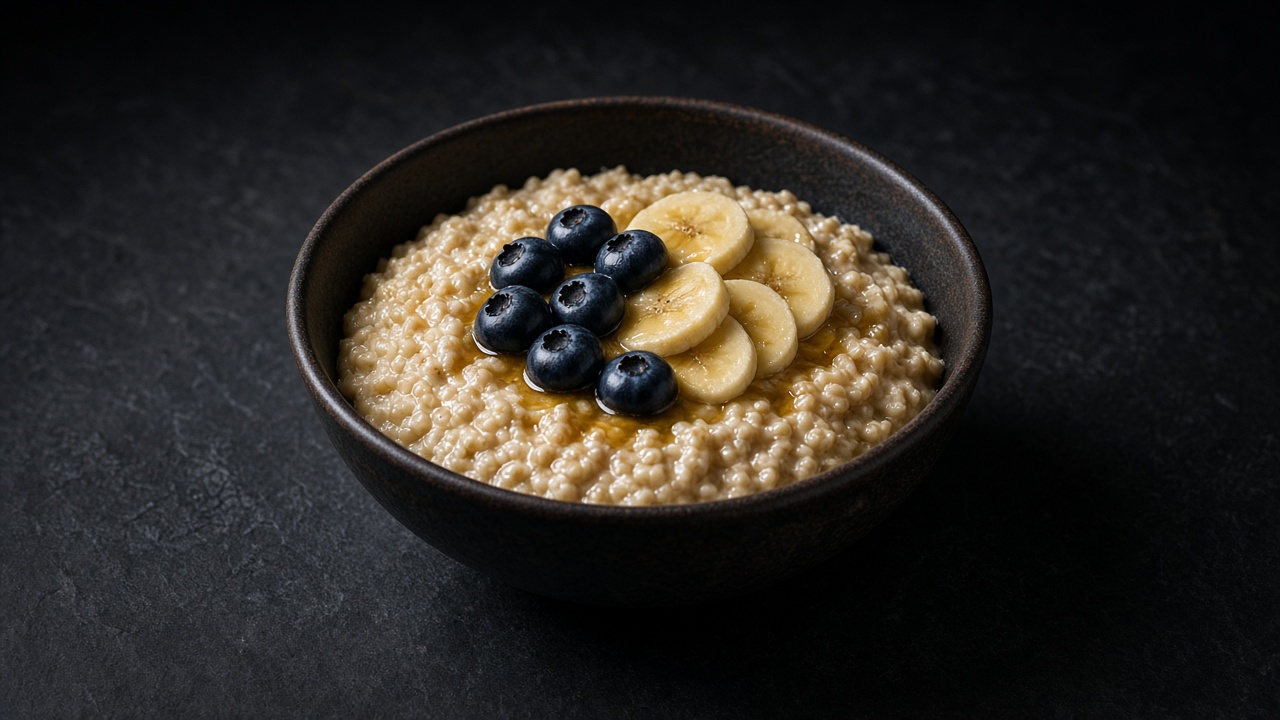 A dark bowl of creamy oat porridge topped with banana slices and blueberries.