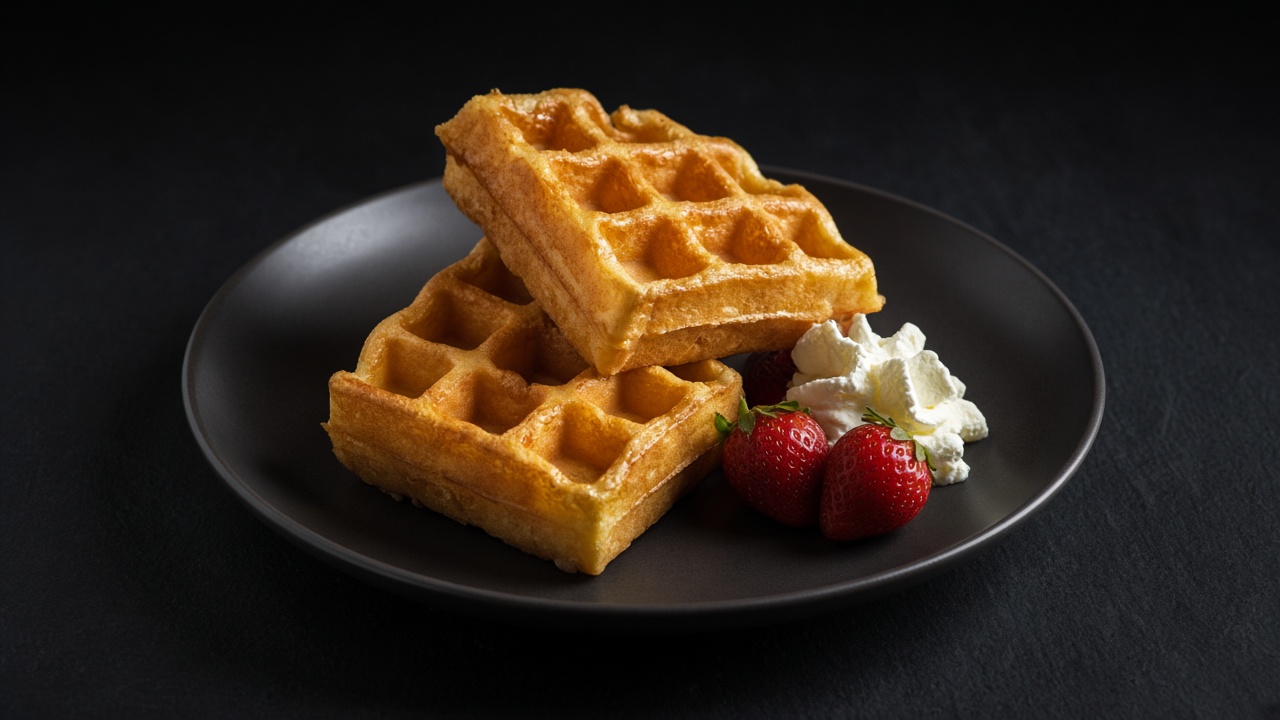 Two crisp golden Belgian waffles with strawberries and whipped cream on a dark plate.