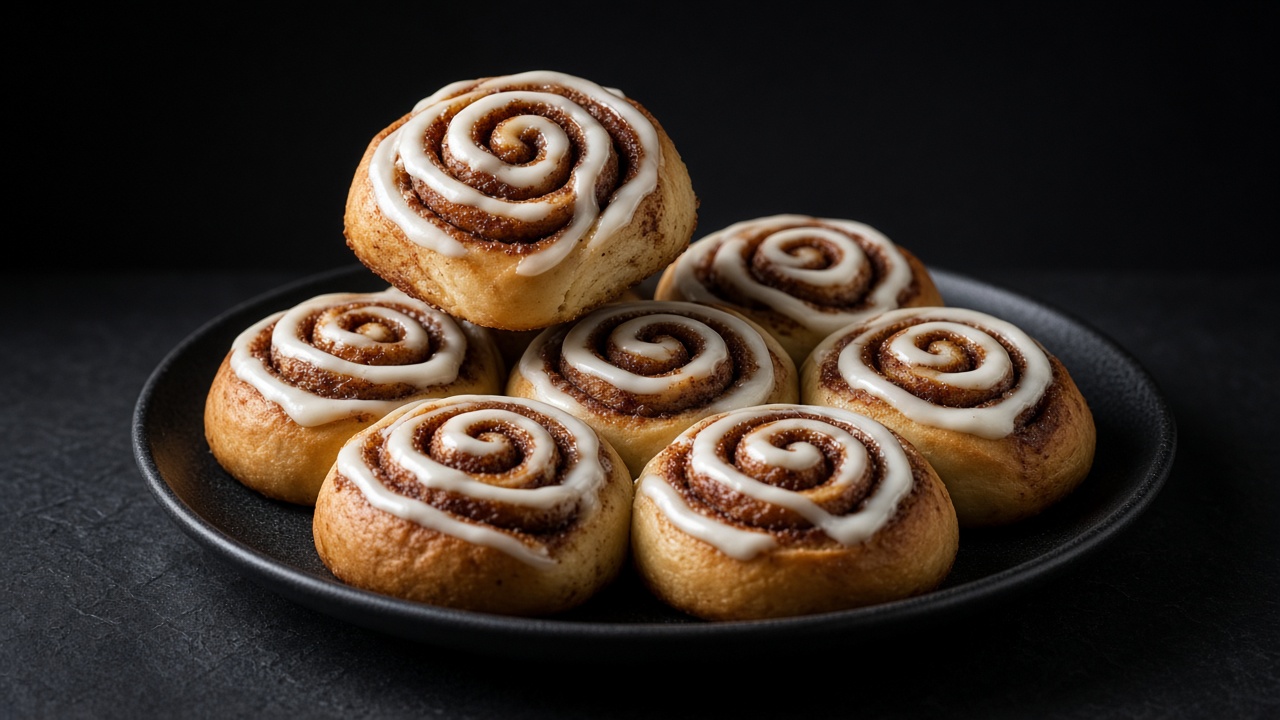 Swirled cinnamon rolls with white cream cheese icing on a dark plate.