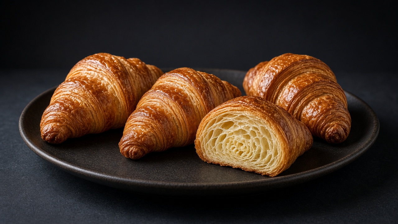 Three deep golden croissants on a dark plate, one cut open to show the flaky honeycomb layers.