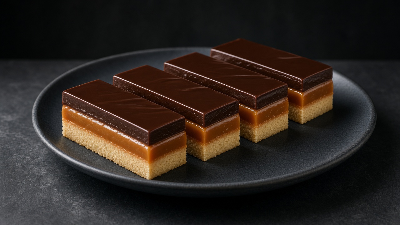 Slices of millionaire's shortbread with a shortbread base, caramel layer and glossy chocolate top on a black plate against a dark background.
